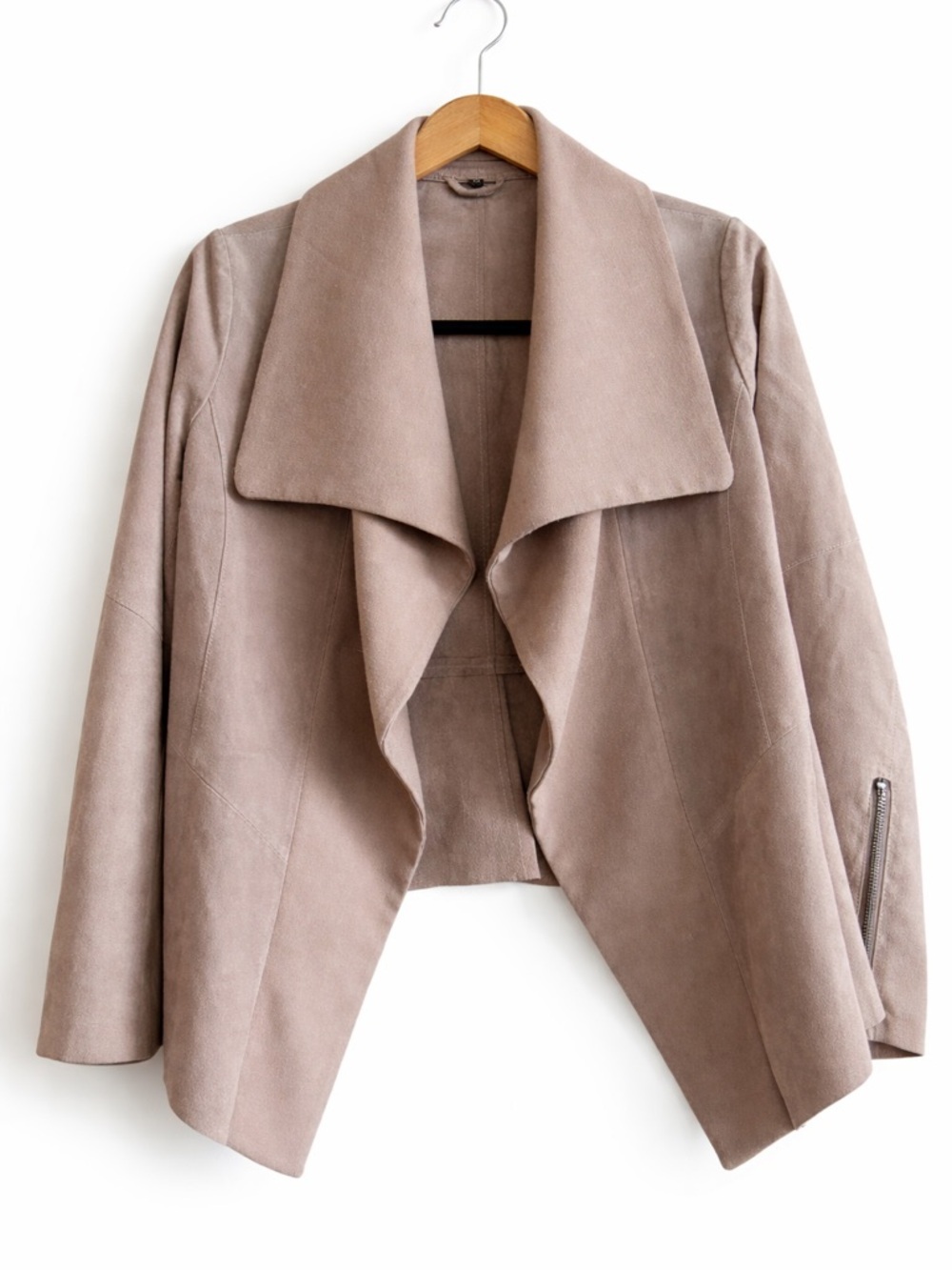 Soia & Kyo Draped Jacket XS | Taupe Faux Suede Waterfall Collar